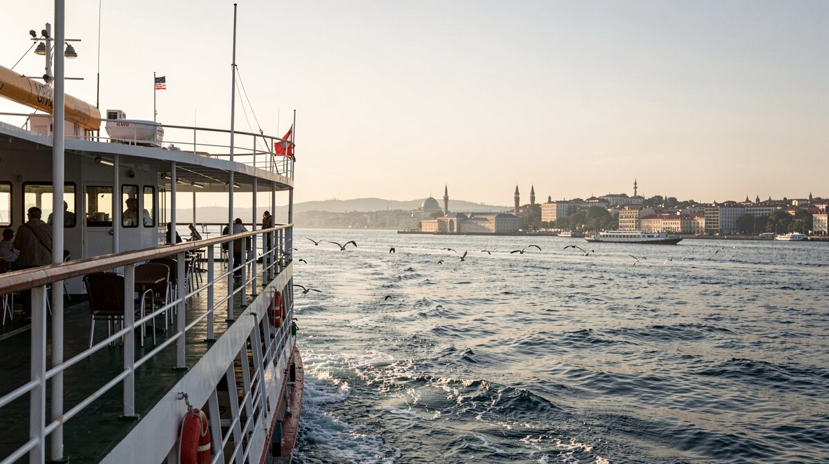 The upper deck of a Şehir Hatları ferry at dusk, passengers at small café tables along the rail, gulls trailing the wake, the Istanbul skyline and a mosque silhouette on the far shore.